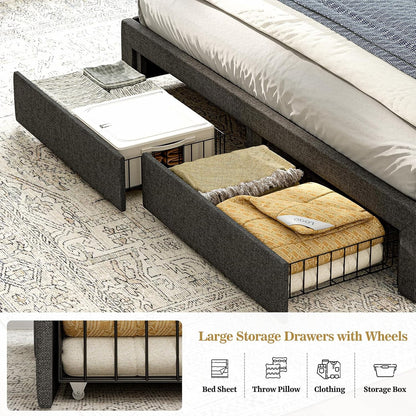 ARICOEASY King Bed Frame with Hidden Storage Headboard & 4 Drawers, Upholstered Button Tufted Platform Bed with LED Lights and Charging Station, No Box Spring Needed, Solid Wood Slats
