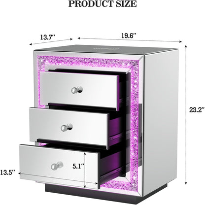 ARICOEASY Mirrored Nightstand with LED Light & Wireless Charging Station, Crushed Diamond Table with 3 Drawers, Mirrored End Table with Crystal Handles for Bedroom, Office