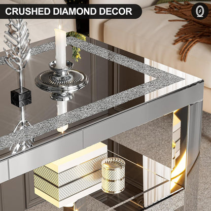 ARICOEASY Modern Coffee Table with Storage Shelves, Mirrored 2-Tier Coffee Table with LED for Living Room, Home Office