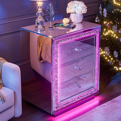 ARICOEASY Mirrored Nightstand with LED Light & Wireless Charging Station, Crushed Diamond Table with 3 Drawers, Mirrored End Table with Crystal Handles for Bedroom, Office