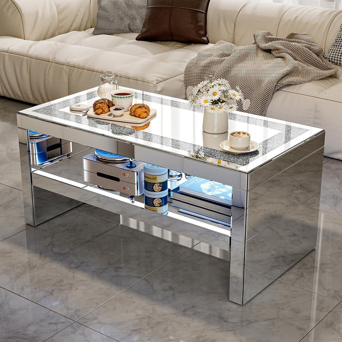 ARICOEASY Mirrored Coffee Table with Crystal Board, 2-Tier Rectangle Glass End Table for Living Room Bedroom, Sturdy Legs Easy Assembly