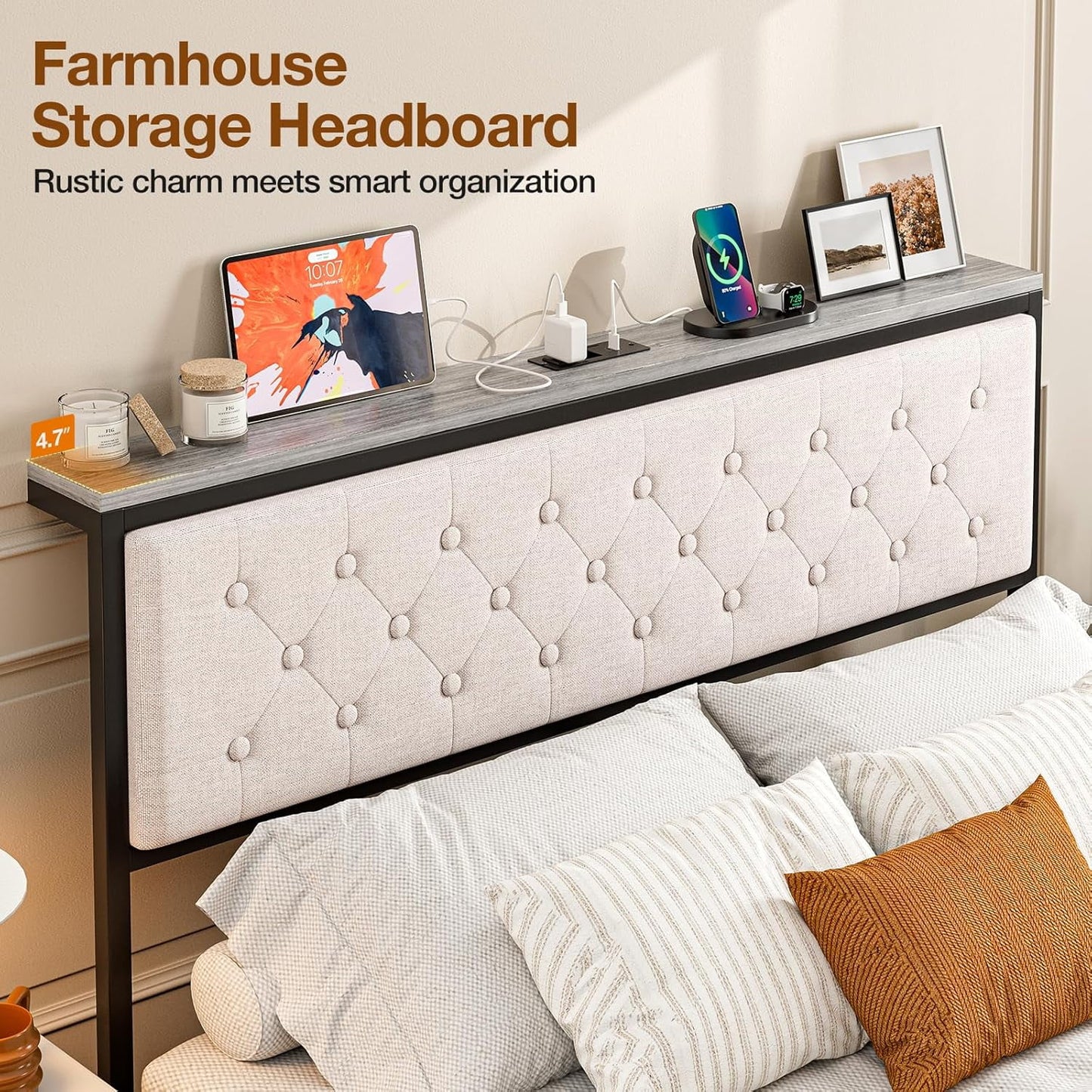 ARICOEASY Queen Size Storage Headboard with Charging Station, Upholstered Button Tufted Headboard, Easy Assembly