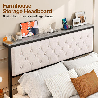 ARICOEASY Queen Size Storage Headboard with Charging Station, Upholstered Button Tufted Headboard, Easy Assembly