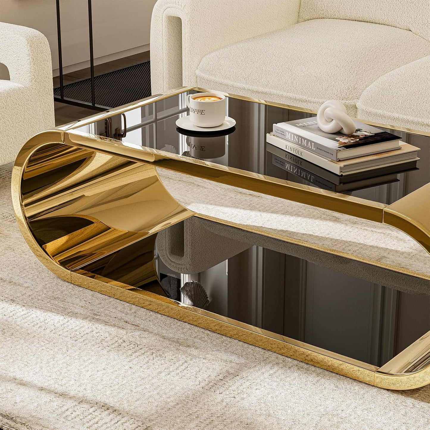 ARICOEASY Modern Coffee Table for Living Room, 2-Tier Black Tempered Glass Center Table with Gold Stainless Steel Frame, Oval Shape for Home Office or Apartment