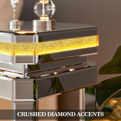 ARICOEASY 24" Tall Corner Table Silver Side Table Glass Mirror End Table Accent Table Mirrored Diamond Crush Mirrors with Storage Space