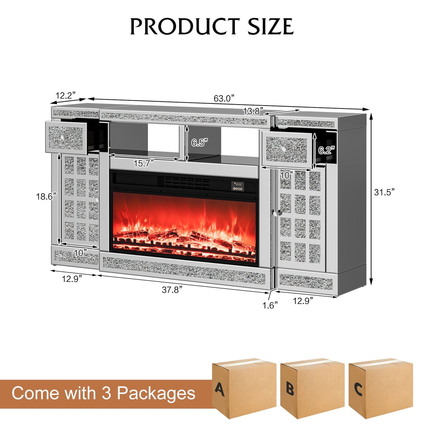 ARICOEASY Mirrored TV Stand with Fireplace for 65+ inch TV, Mirrored Fireplace TV Stand with LED Light, Silver Electric Fireplace with Crushed Diamond for Living Room