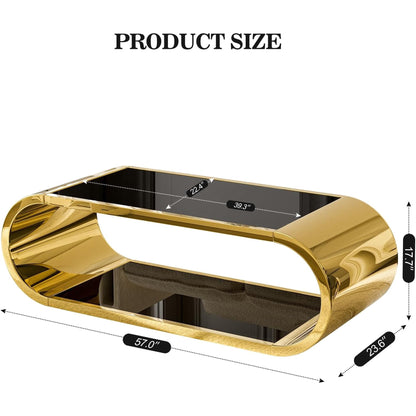 ARICOEASY Modern Coffee Table for Living Room, 2-Tier Black Tempered Glass Center Table with Gold Stainless Steel Frame, Oval Shape for Home Office or Apartment