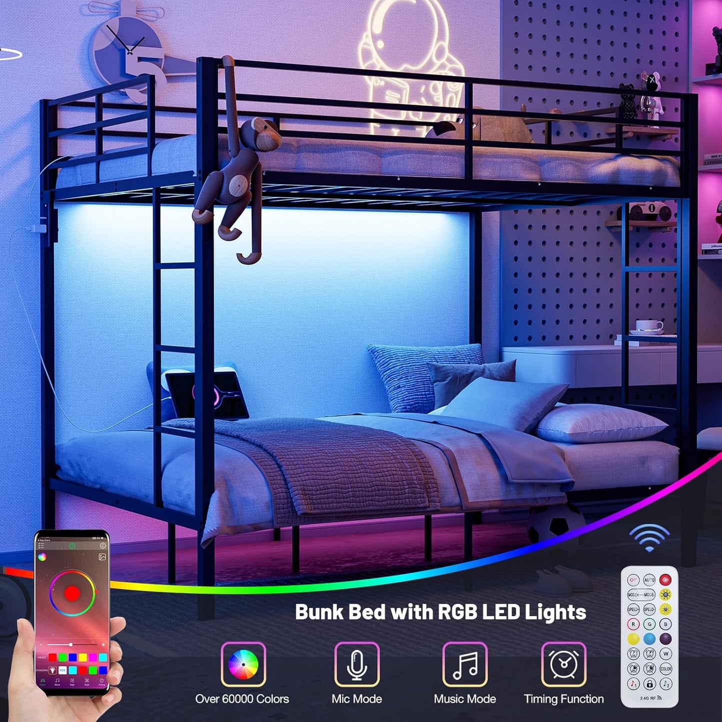 ARICOEASY Full Over Full Bunk Beds with LED Lights and Charging Station, Heavy Duty Metal Full Size Bunk Bed Frame, Safety Guardrail & 2 Ladders, Space-Saving Design, No Box Spring Needed