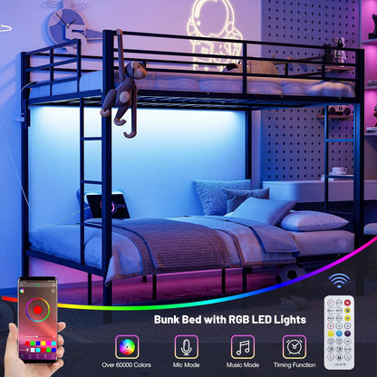 ARICOEASY Full Over Full Bunk Beds with LED Lights and Charging Station, Heavy Duty Metal Full Size Bunk Bed Frame, Safety Guardrail & 2 Ladders, Space-Saving Design, No Box Spring Needed