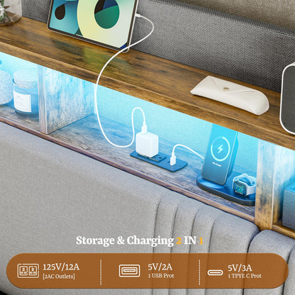 ARICOEASY California King Size Bed Frame with Bookcase Headboard & 2 Drawers Cal King Upholstered Platform Bed with LED Lights & Charging Station