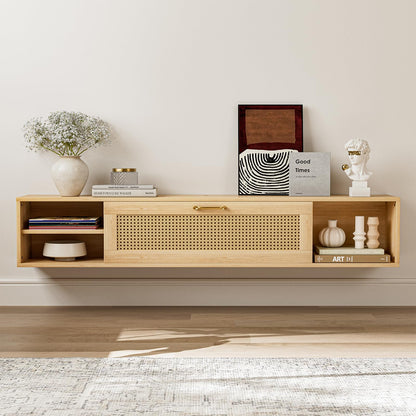 ARICOEASY Modern Wall-Mounted Media Console Floating TV Stand for 75 Inch TV with Rattan Door and Storage Space