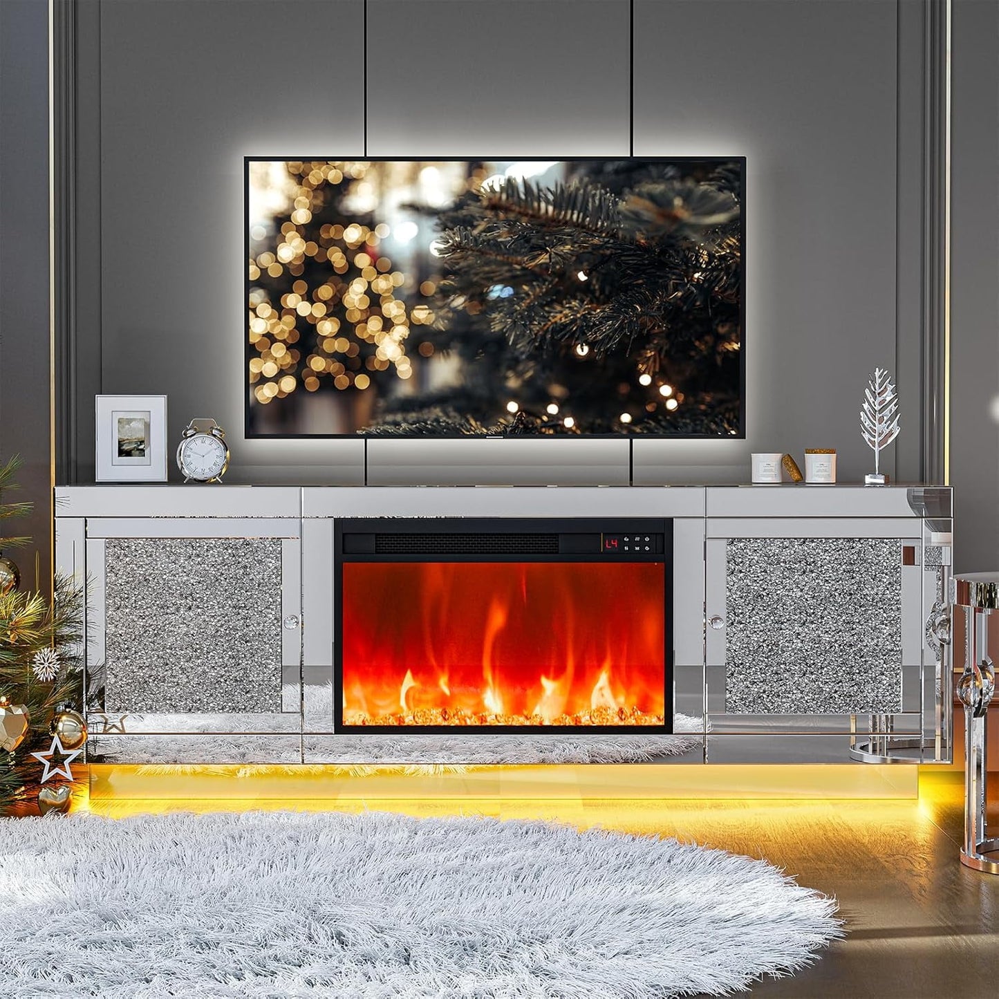ARICOEASY Mirrored Fireplace TV Stand for 65+ Inch TV, Crushed Diamond Silver Media Entertainment Center with RGB LED Light