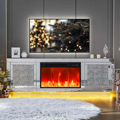 ARICOEASY Mirrored Fireplace TV Stand for 65+ Inch TV, Crushed Diamond Silver Media Entertainment Center with RGB LED Light