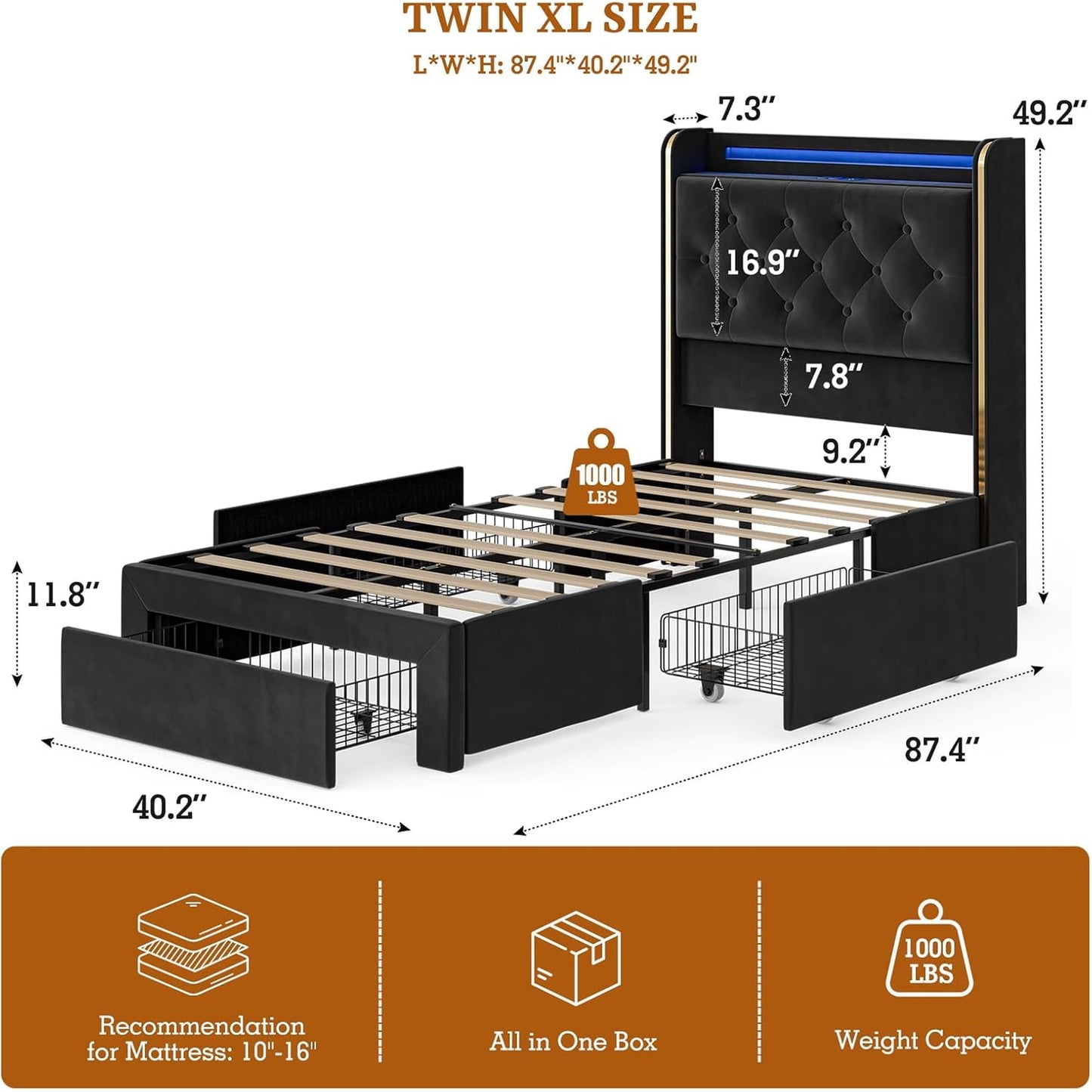 ARICOEASY Bed Frames with 3 Drawer Storage, Velvet Platform Bed with Button Tufted Headboard