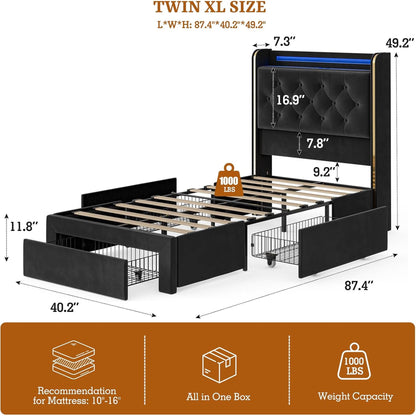 ARICOEASY Bed Frames with 3 Drawer Storage, Velvet Platform Bed with Button Tufted Headboard