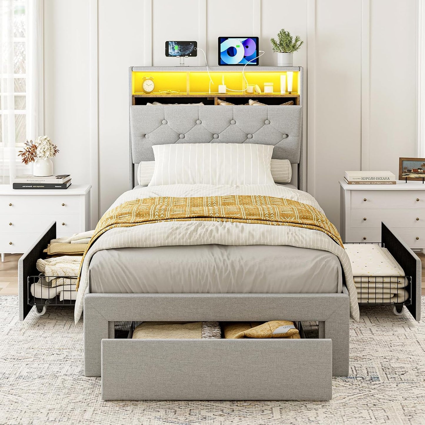 ARICOEASY Twin XL Bed Frames with Hidden Storage Headboard & Drawers, Upholstered Twin XL Platform Bed with LED Lights, Type-C Charging Station, No Box Spring Needed, Solid Wood Slats