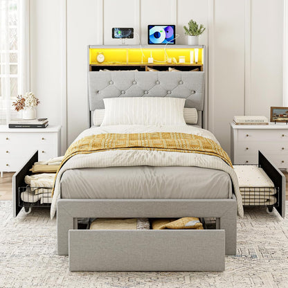ARICOEASY Twin XL Bed Frames with Hidden Storage Headboard & Drawers, Upholstered Twin XL Platform Bed with LED Lights, Type-C Charging Station, No Box Spring Needed, Solid Wood Slats
