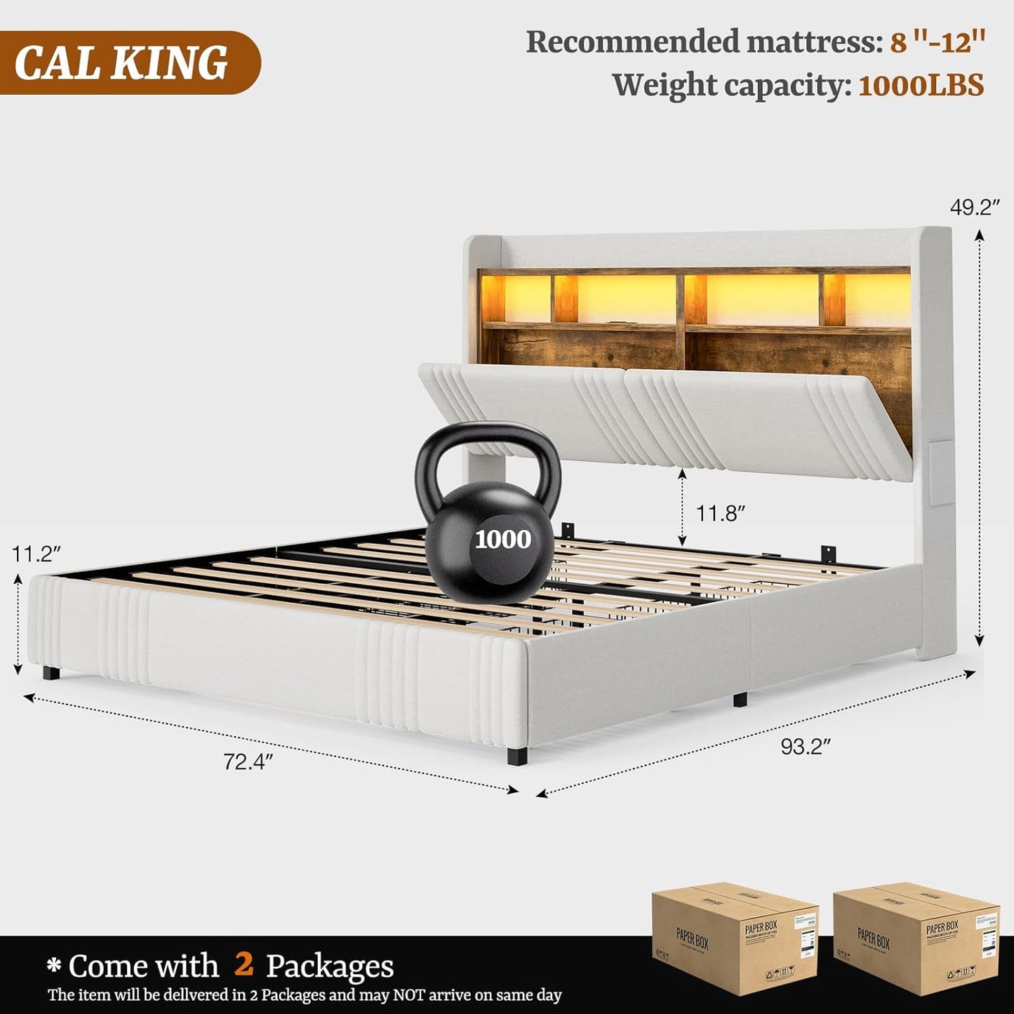 ARICOEASY California King Size Bed Frame with Bookcase Headboard & 2 Drawers Cal King Upholstered Platform Bed with LED Lights & Charging Station