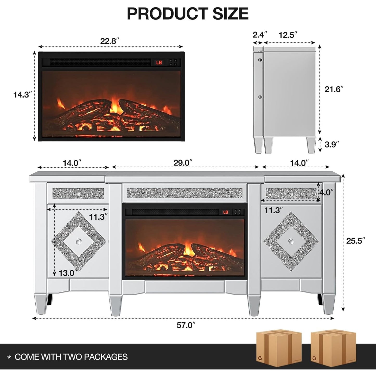 ARICOEASY Mirrored Fireplace TV Stand for TVs up to 65", Silver Crushed Diamond TV Console with Electric Fireplace and Storage Drawers & Cabinets