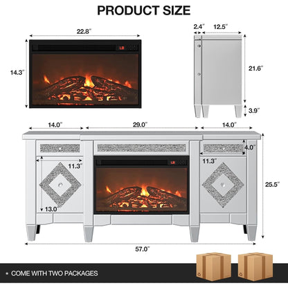 ARICOEASY Mirrored Fireplace TV Stand for TVs up to 65", Silver Crushed Diamond TV Console with Electric Fireplace and Storage Drawers & Cabinets