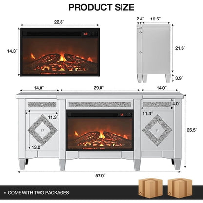 ARICOEASY Mirrored Fireplace TV Stand for TVs up to 65", Silver Crushed Diamond TV Console with Electric Fireplace and Storage Drawers & Cabinets