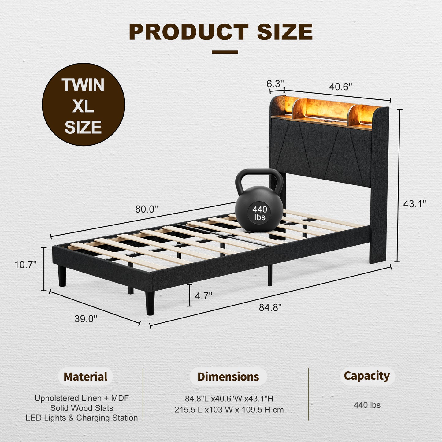 LED Bed Frame with Charging Station & Storage Shelf Upholstered Headboard,No Box Spring Needed