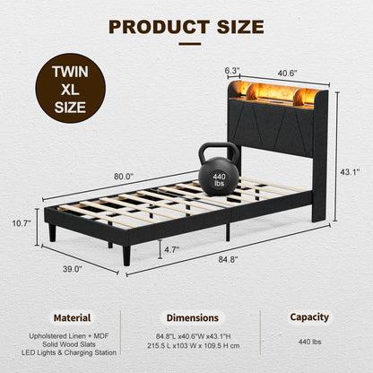 LED Bed Frame with Charging Station & Storage Shelf Upholstered Headboard,No Box Spring Needed