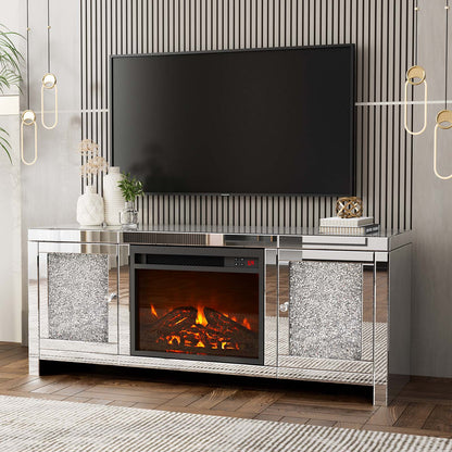 Fireplace Mirrored TV Stand with Remote Colors Changing LED Fireplace, Entertainment Center for Living Room